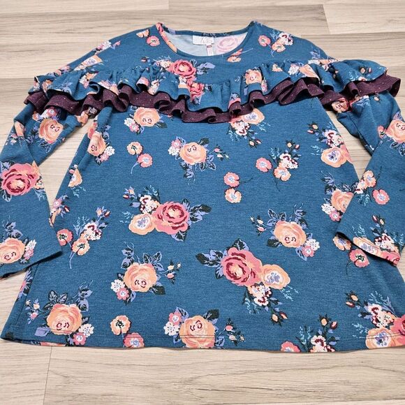 Matilda Jane 435 Girls Teal Floral Ruffle Longsleeve Shirt Size 14 - Picture 2 of 6